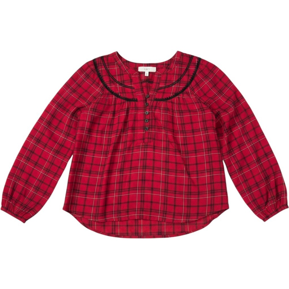 NWT Loft Button Front Yoke Blouse Red Plaid Lace Trim Boho Cabin Rustic Small